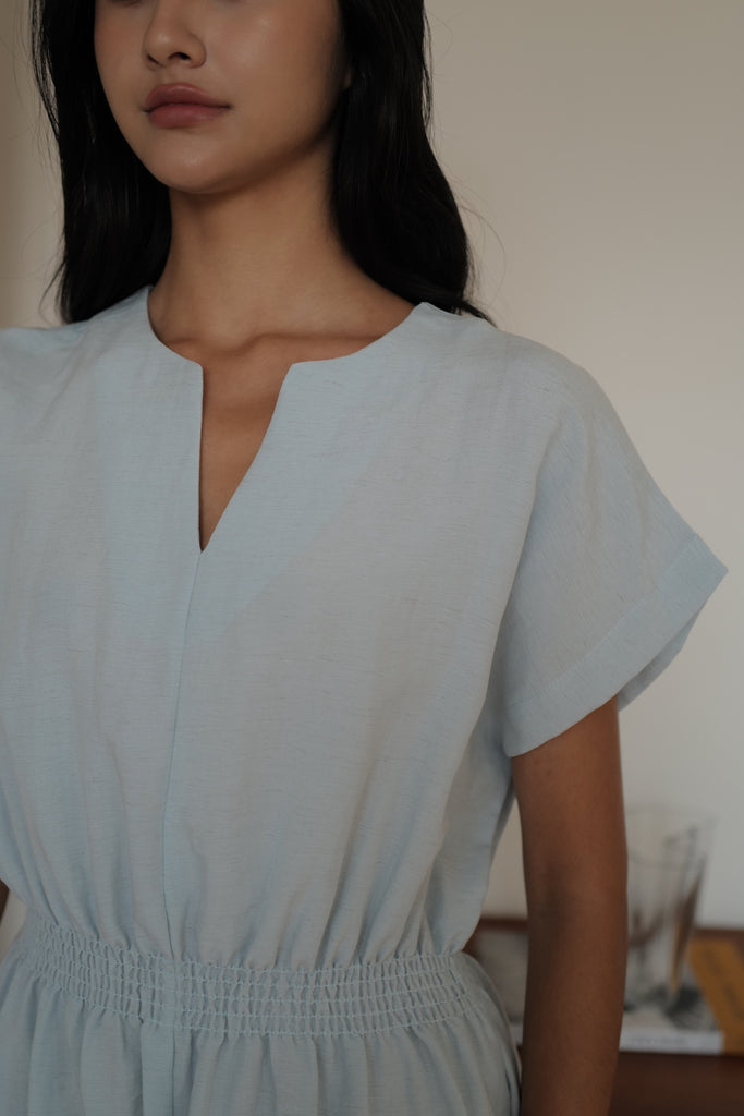 Camille elastic waist linen dress in sky blue