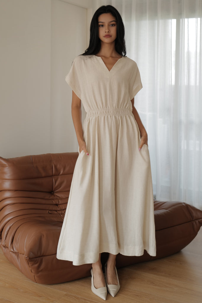 Camille elastic waist linen dress in beige