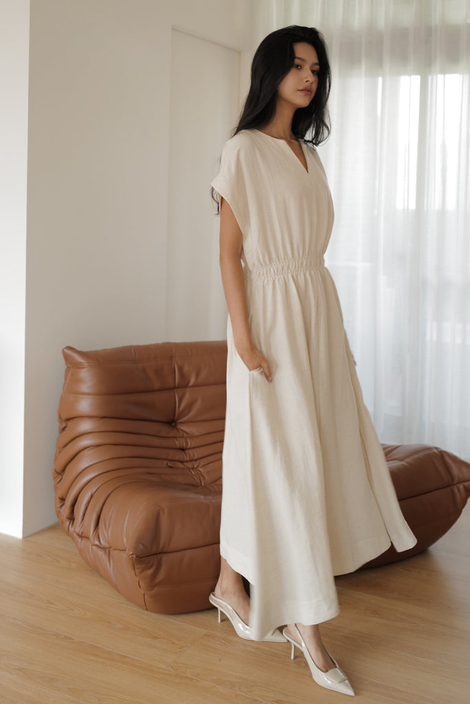 Camille elastic waist linen dress in beige