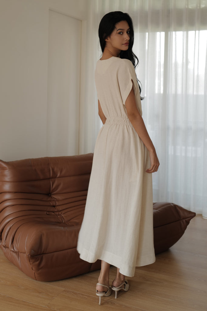 Camille elastic waist linen dress in beige